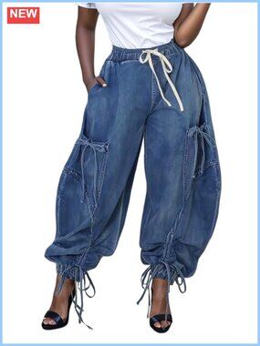 Women's Baggy Barrel Jeans Drawstring Wide Leg Denim Cargo Joggers